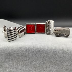 3 Pair of Cufflinks, Red Guilloche Enamel, Thistle Engraved by Swank and Modernist Silvertone and