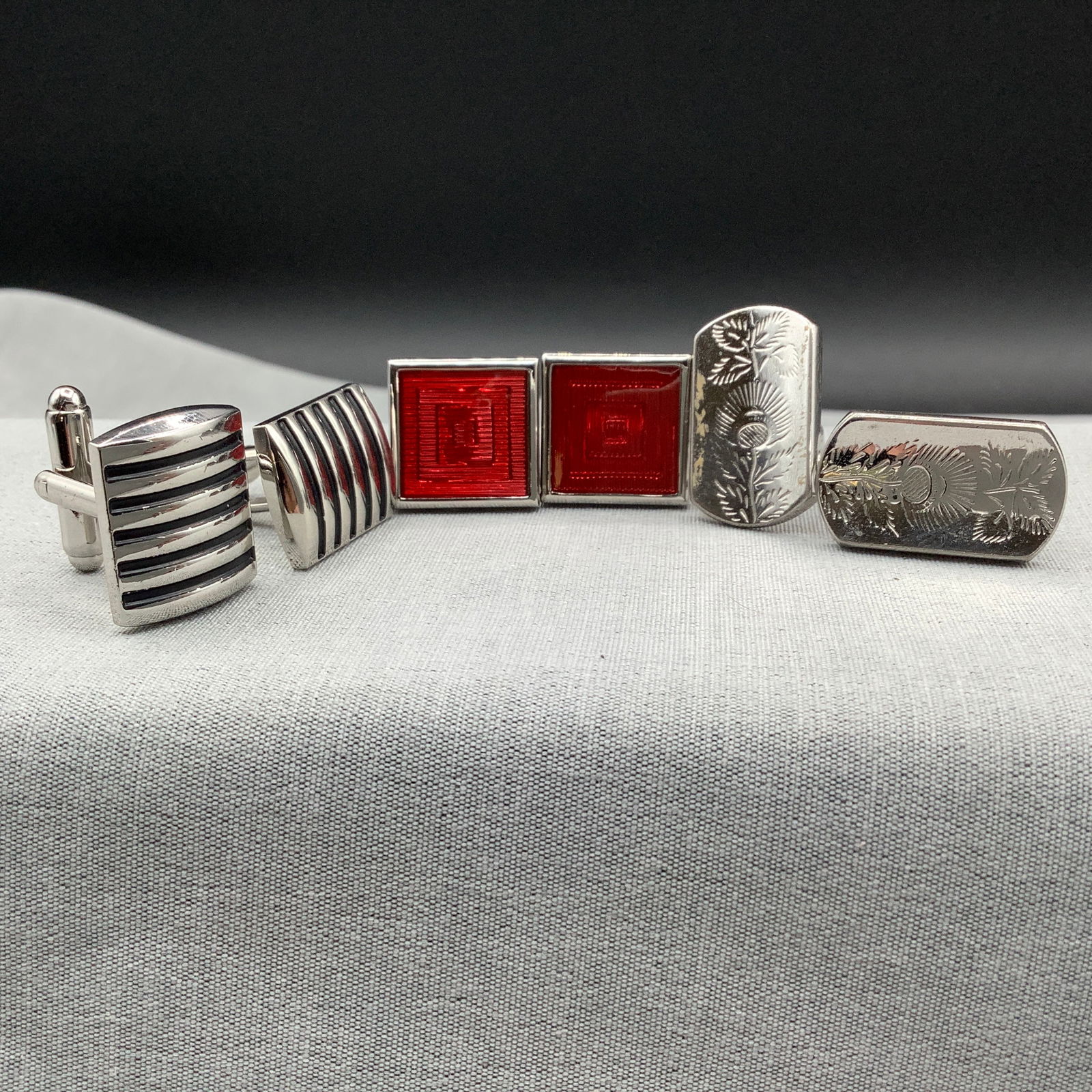 3 Pair of Cufflinks, Red Guilloche Enamel, Thistle Engraved by Swank and Modernist Silvertone and (1 of 8)