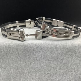 Pair of EdForce Stainless Steel Handcuff Bangle Bracelets with Black Accent