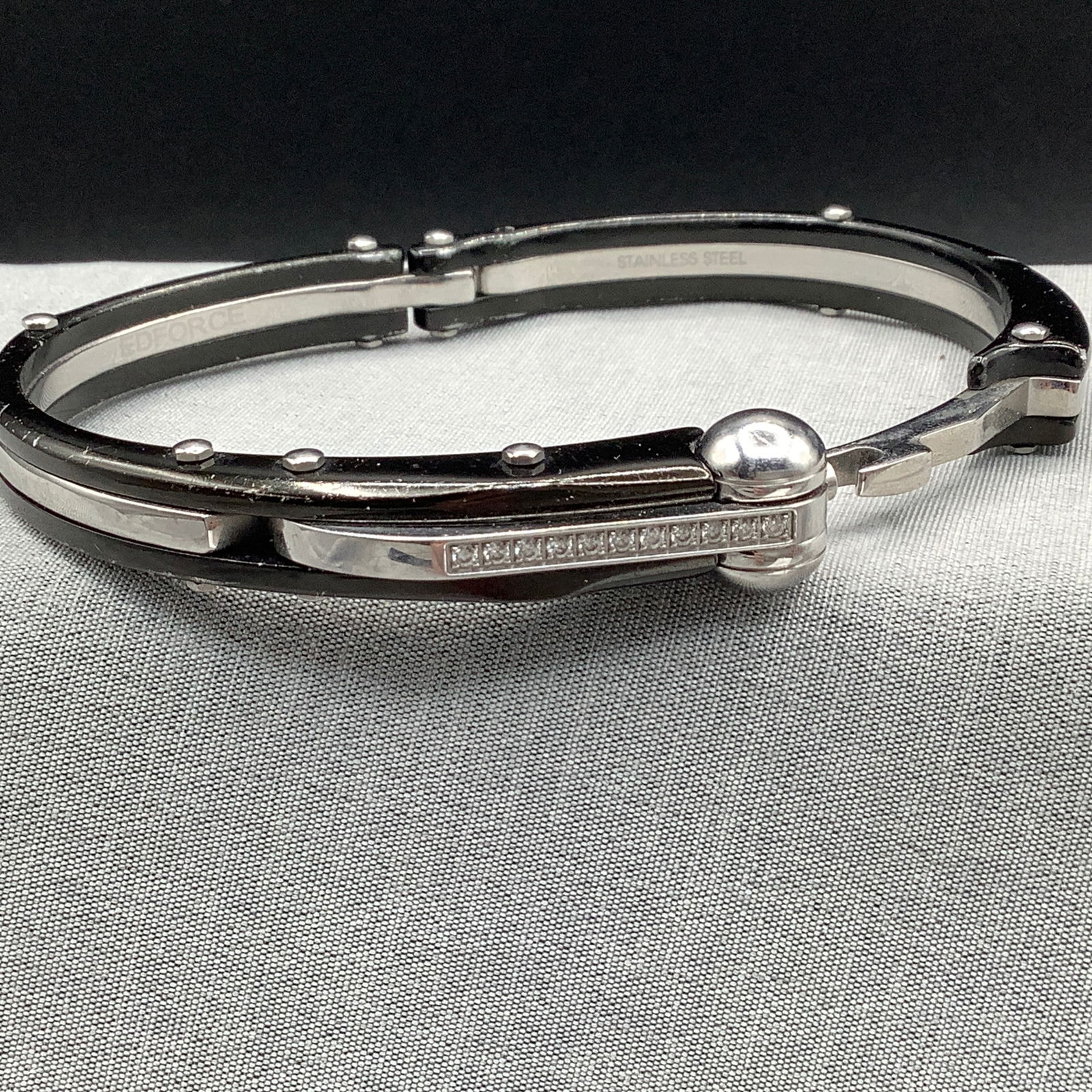 Stainless and Black Handcuff Unisex Bangle Bracelet with Rhinestone Clasp (1 of 10)