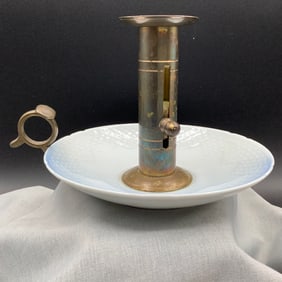 Bing & Grondahl (B & G) Denmark Brass Push Up Chamberstick with Blue and White Porcelain Drip Pan