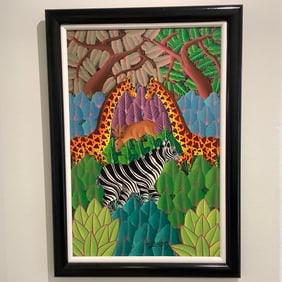 Colorful Haitian Folk Art Painting of Safari Animals Signed H. Fils-Aimond '87
