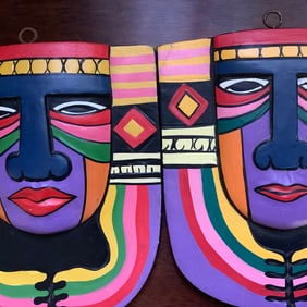 Pair of Indonesian Hand Carved Brightly Painted Plaques