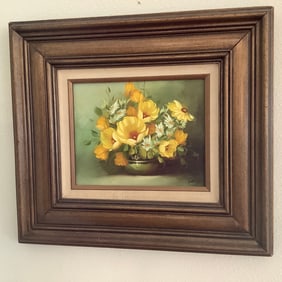 Signed Yellow Floral Still Life Painting, Framed