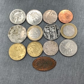 Foreign Coins and one Souvenir Flattened Penny