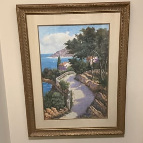 Framed Art of Mediterranean Seaside Scene, Signed Lizzi