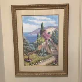 Framed Art of Mediterranean Seaside Scene, Signed Lizzi