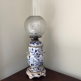 Victorian Antique Oil Lamp, Blue and White Porcelain with Etched Floral Design Ball Shade