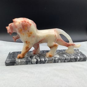 Rose Quartz Carved Lion on Marble Base