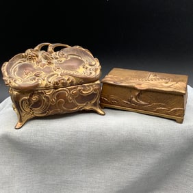 Art Nouveau Jewelry Casket and Metal Coin Box with Sailing Motif