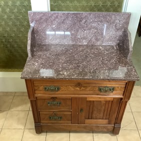Eastlake Victorian Washstand with Rose Marble Top and High Backsplash