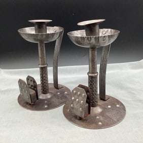 Pair of Hugo Berger Goberg German Arts and Crafts Iron Chambersticks with Match Holder