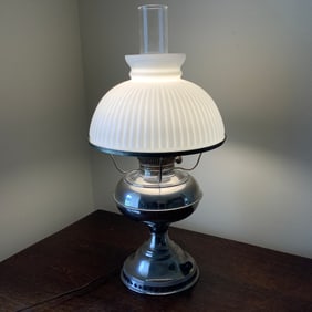 Rayo Nickel Converted Oil Lamp with Milk Glass White Shade