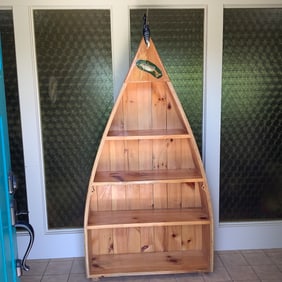 RARE Hand Crafted Large Boat Bookshelf By Master Fish Decoy Carver, Dave Kober with Fish Carving Top