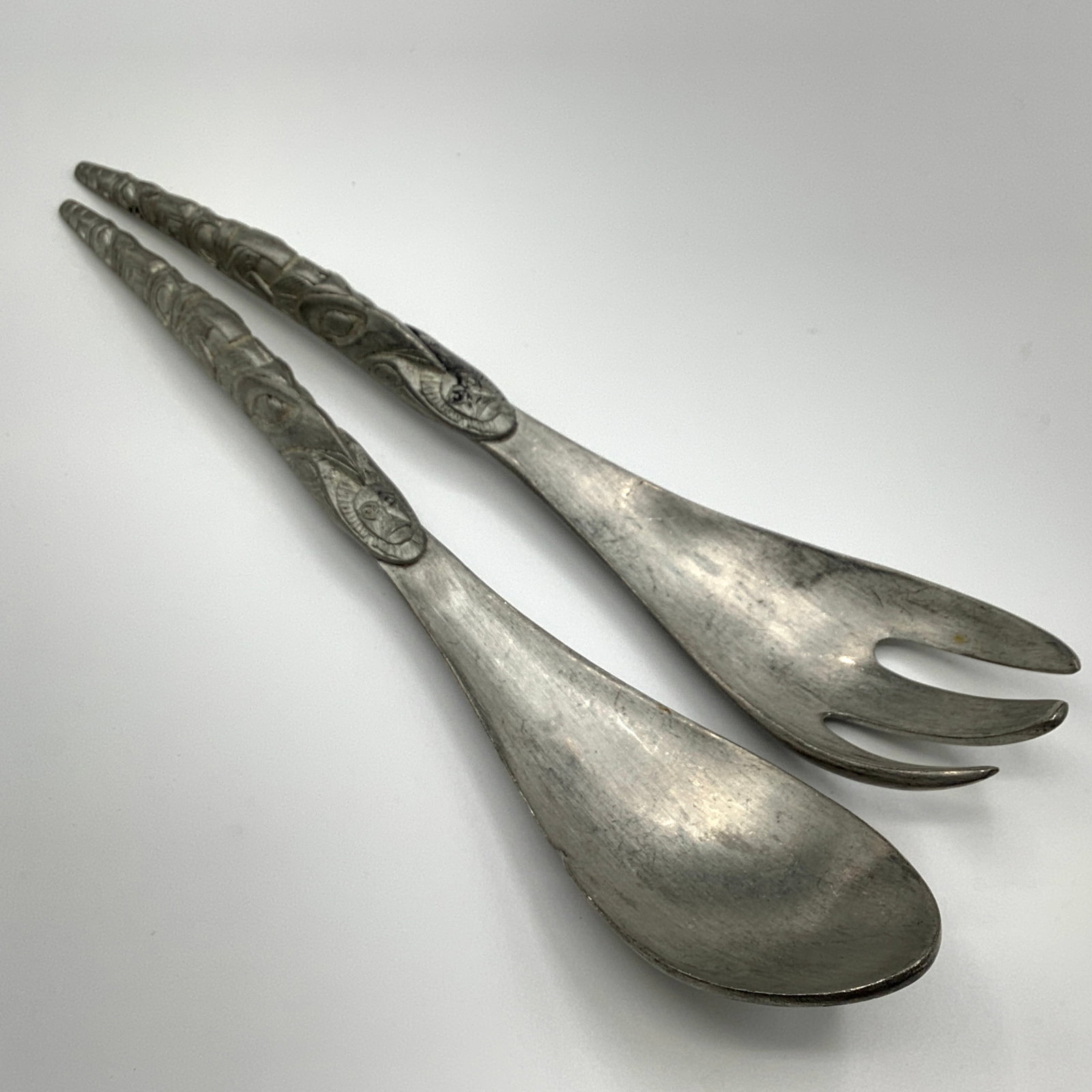 Haida West Coast Canadian Pewter Salad Set with Carved Faces and Totem Pole Style: Pewter, Boma Canada Totem style