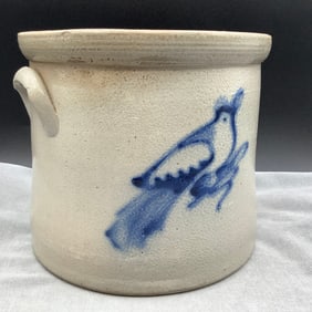 Salt Glazed Butter Pot Stoneware Crock with Blue Bird on Side, Shallow Handles
