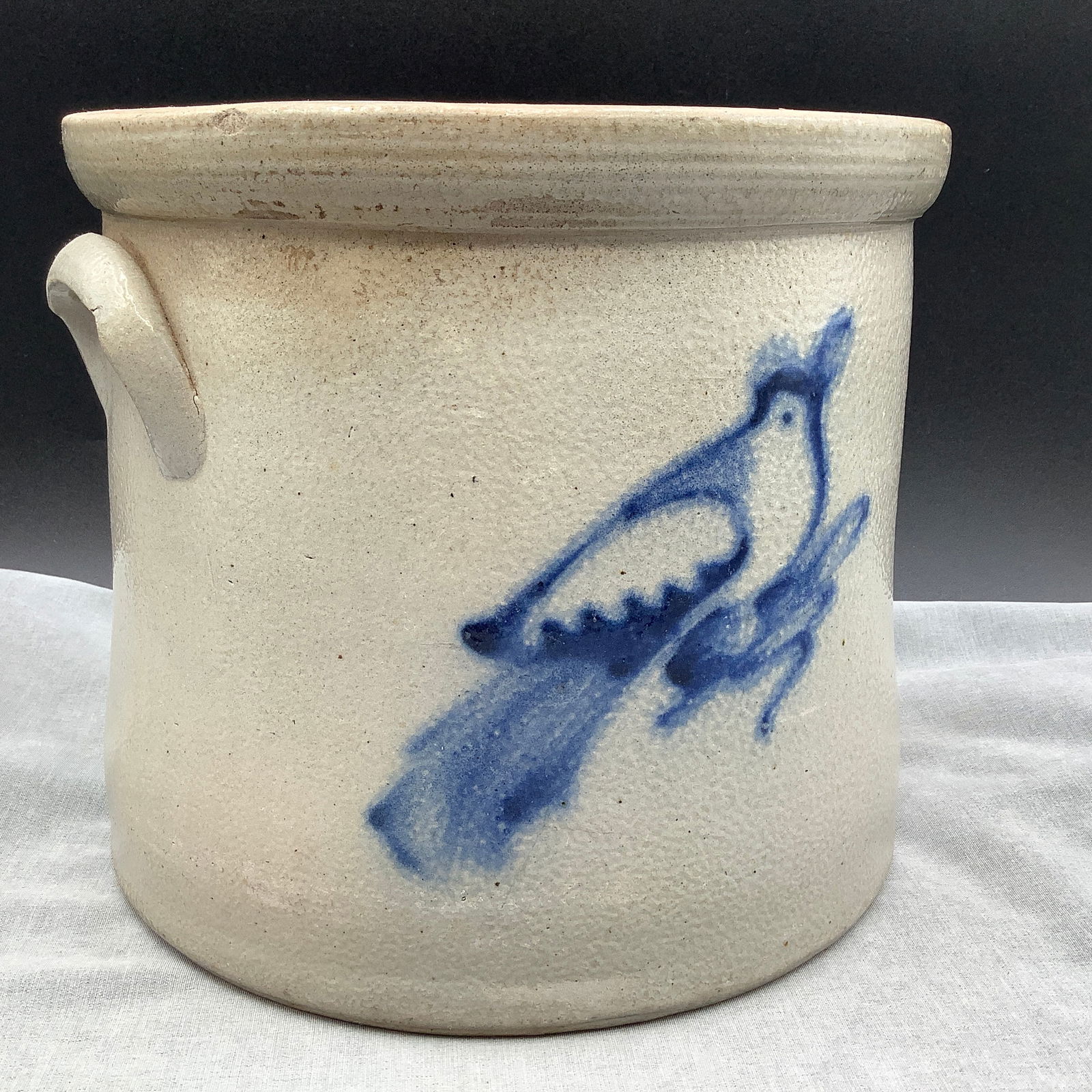 Salt Glazed Butter Pot Stoneware Crock with Blue Bird on Side, Shallow Handles (1 of 7)