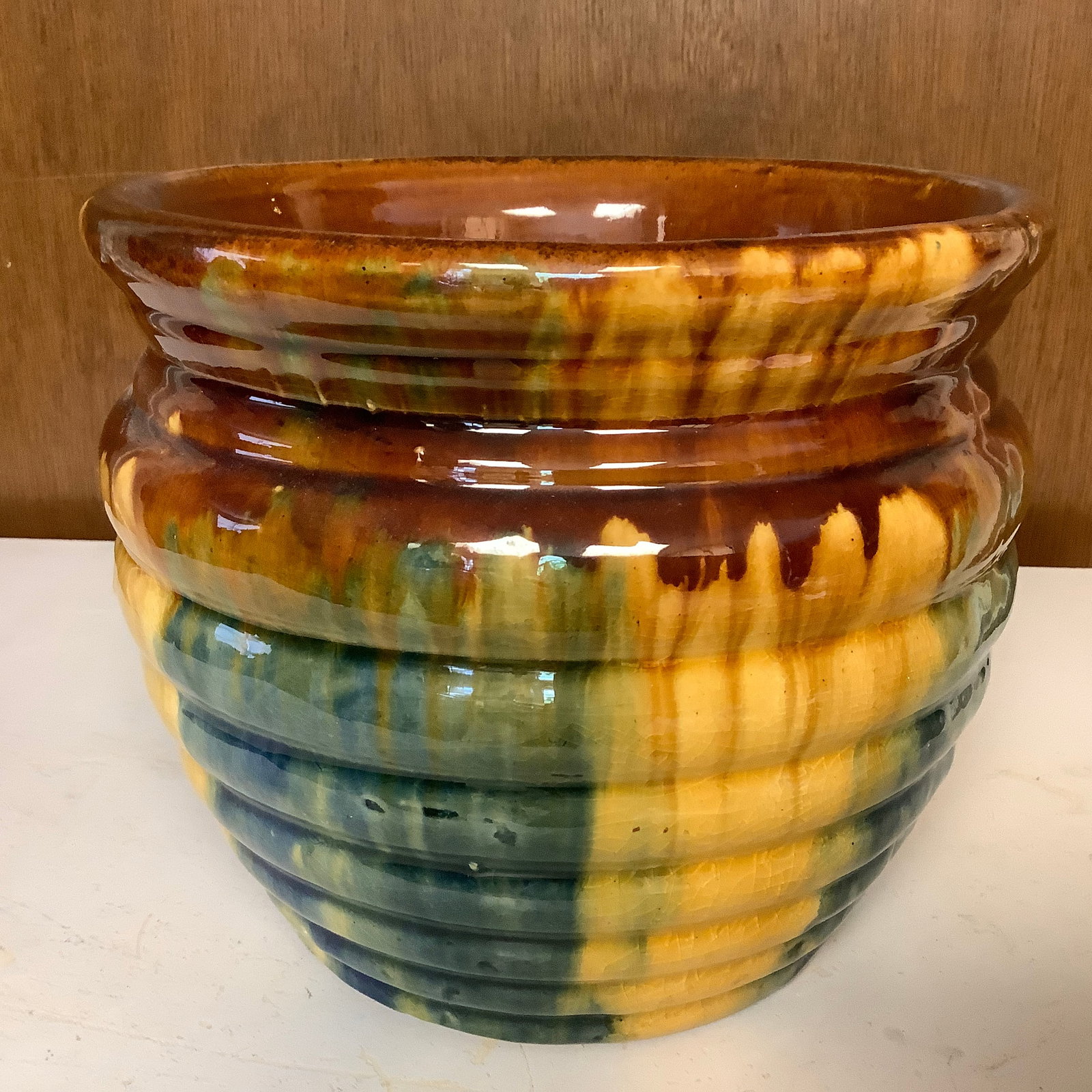 Majolica Glazed Beehive Planter: Glazed in yellow, green and brown Some vintage crazing in glaze and wear on bottom to show age