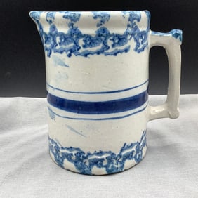 Antique 19th C Blue Spongeware Stoneware Pitcher