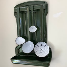 French Enameled Wall Hanging Cooking Utensil Set with Drip Tray in Avocado Green