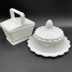 2 Westmoreland Labeled Milk Glass Butter Dish and Sugar Dish