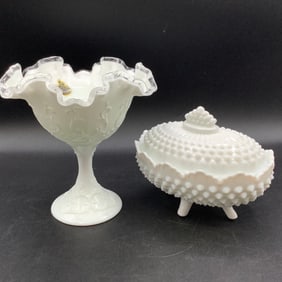Fenton Milk Glass SIlver Crest Compote with Paper Worker Label and Covered Hobnail Candy Dish