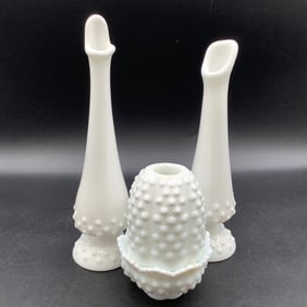 Fenton Hobnail Milk Glass Fairy Lamp and 2 Swung Vases