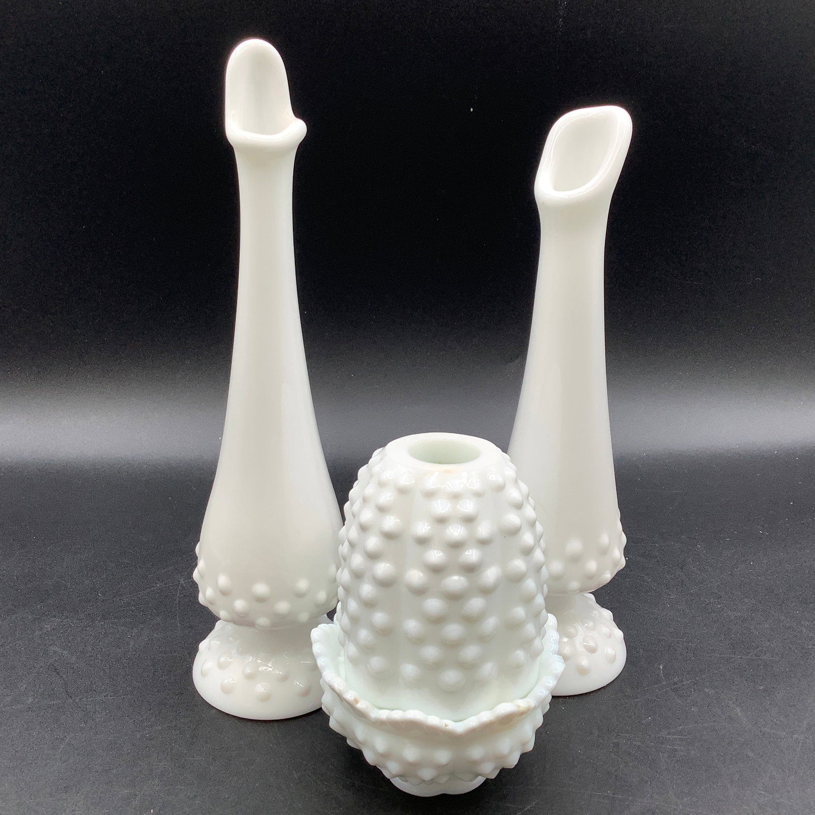 Fenton Hobnail Milk Glass Fairy Lamp and 2 Swung Vases: Swung vases are 8 inch and 9 inch tall Fairy lamp about 4 inches