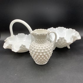 3 Milk Glass Hobnail Pieces: Candy Dish, Brides Basket and Creamer