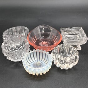 6 Open Salt Cellars, Pink Heisey Glass, Opalescent, Cut Crystal, Uranium Glass