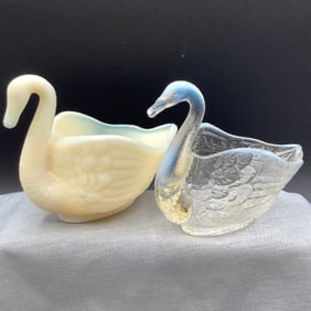 Fenton Swans, Open Salts- Opalescent Glass and Custard Glass