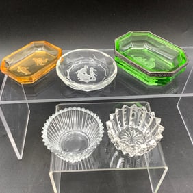 5 Glass Open Salts, 3 Etched Glass, Green Salt has Sterling Rim