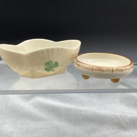 Antique Belleek Willets Porcelain Open Salt and Irish Belleek Shell Shaped Open Salt