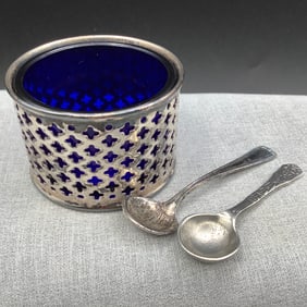Cobalt open salt with silver plated overlay, 2 salt spoons one is sterling silver