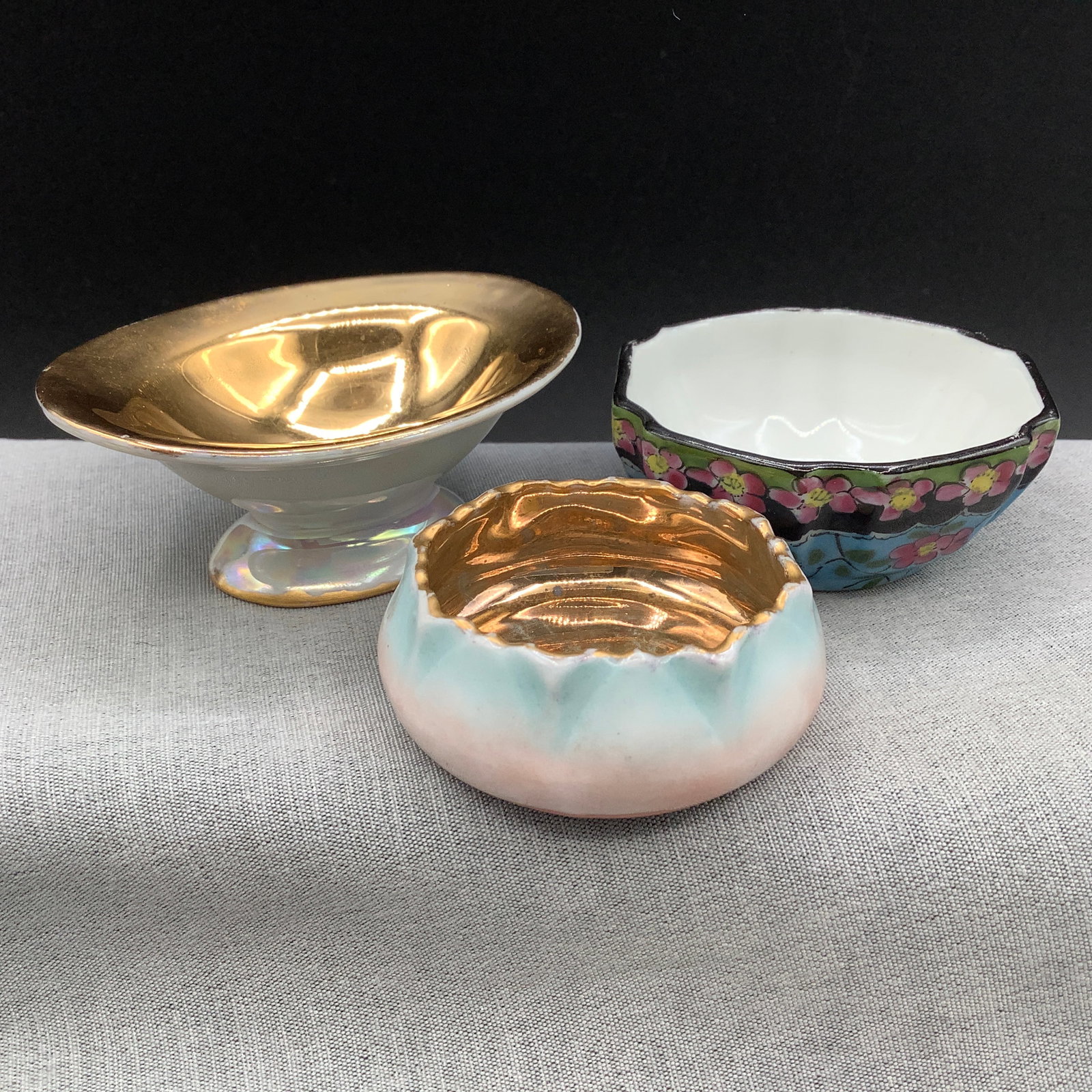 3 Antique Limoges France Open Salts: Ombre exterior with gold painting on interior by D& Co (R. Delineres & Co Limoges, France late 1800s) MB Limoges France hand painted blue with black accents Platform iridescent salt with gold interior
