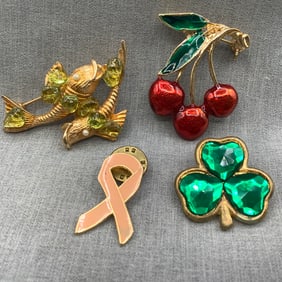 Vintage Koi Fish Brooch, Enameled Cherries Brooch, Clover and Pink Ribbon Pins