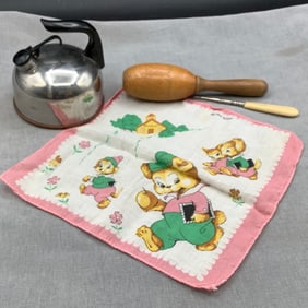 Child's Handkerchief, Sock Darner, Miniature Tea Kettle and Seam Ripper