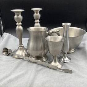 Pewter Candlesticks, Snuffer, Bowl, Vase, Cup and Mug