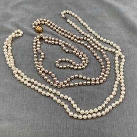 2 Long Strands of Faux Pearl Necklaces, Hand Knotted