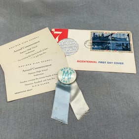Ephemera. May Day 1957 Pin with Ribbons, Pair of High School Commencement Tickets 1945 and Boston