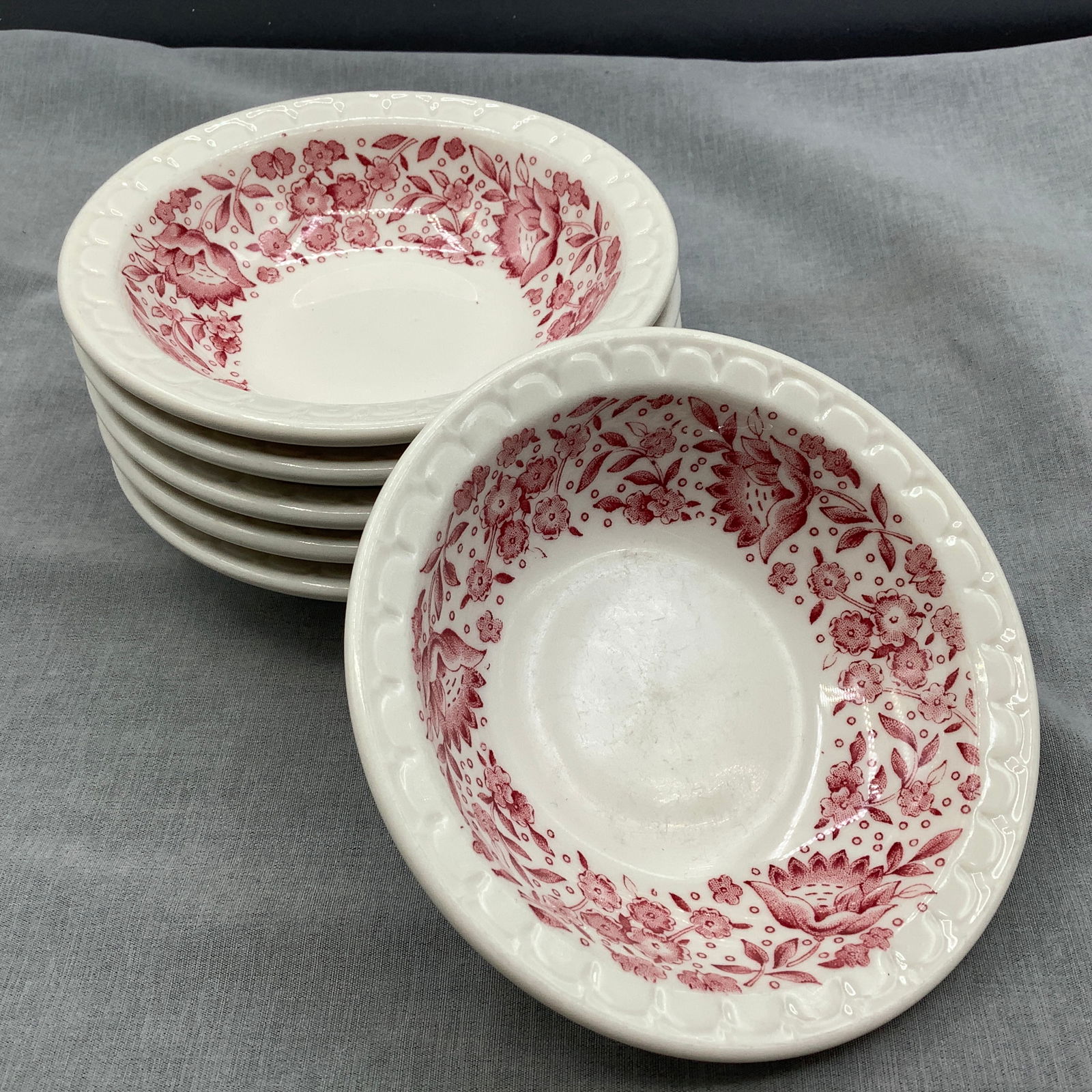 Syracuse China Restaurant Ware Small Bowls, White with Maroon Flowers (1 of 7)