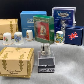 7 Thimbles, Disney Pewter, Hummel Silver plated Enamel, 4 porcelain, Pewter with hinged opening