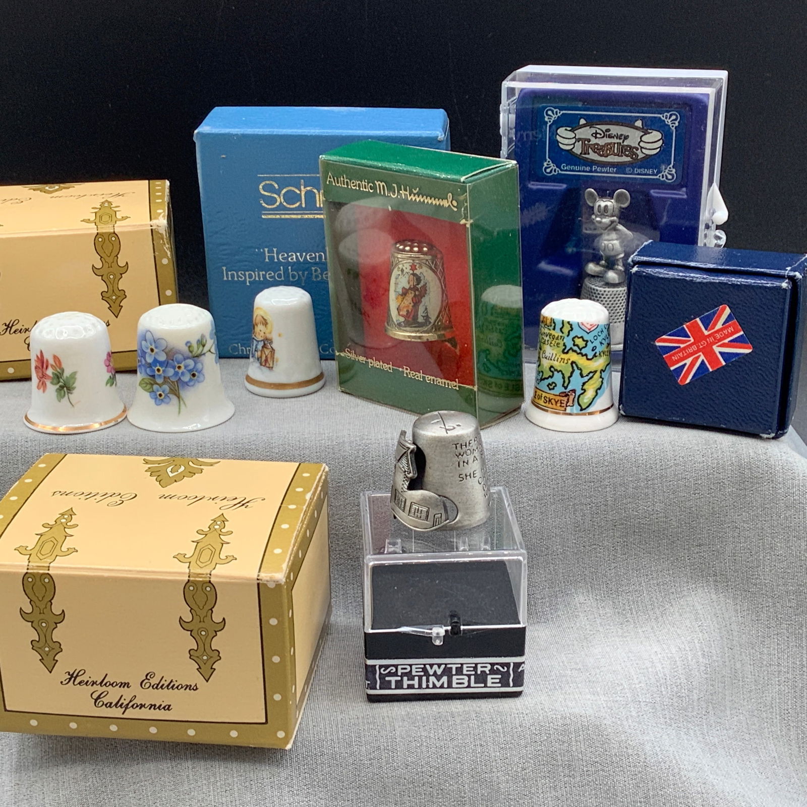 7 Thimbles, Disney Pewter, Hummel Silver plated Enamel, 4 porcelain, Pewter with hinged opening (1 of 14)