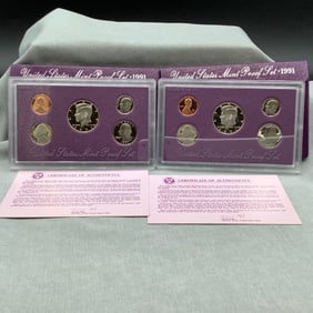 2 Sets of 1991 US Mint Proof Sets, Both Coin Sets with COA