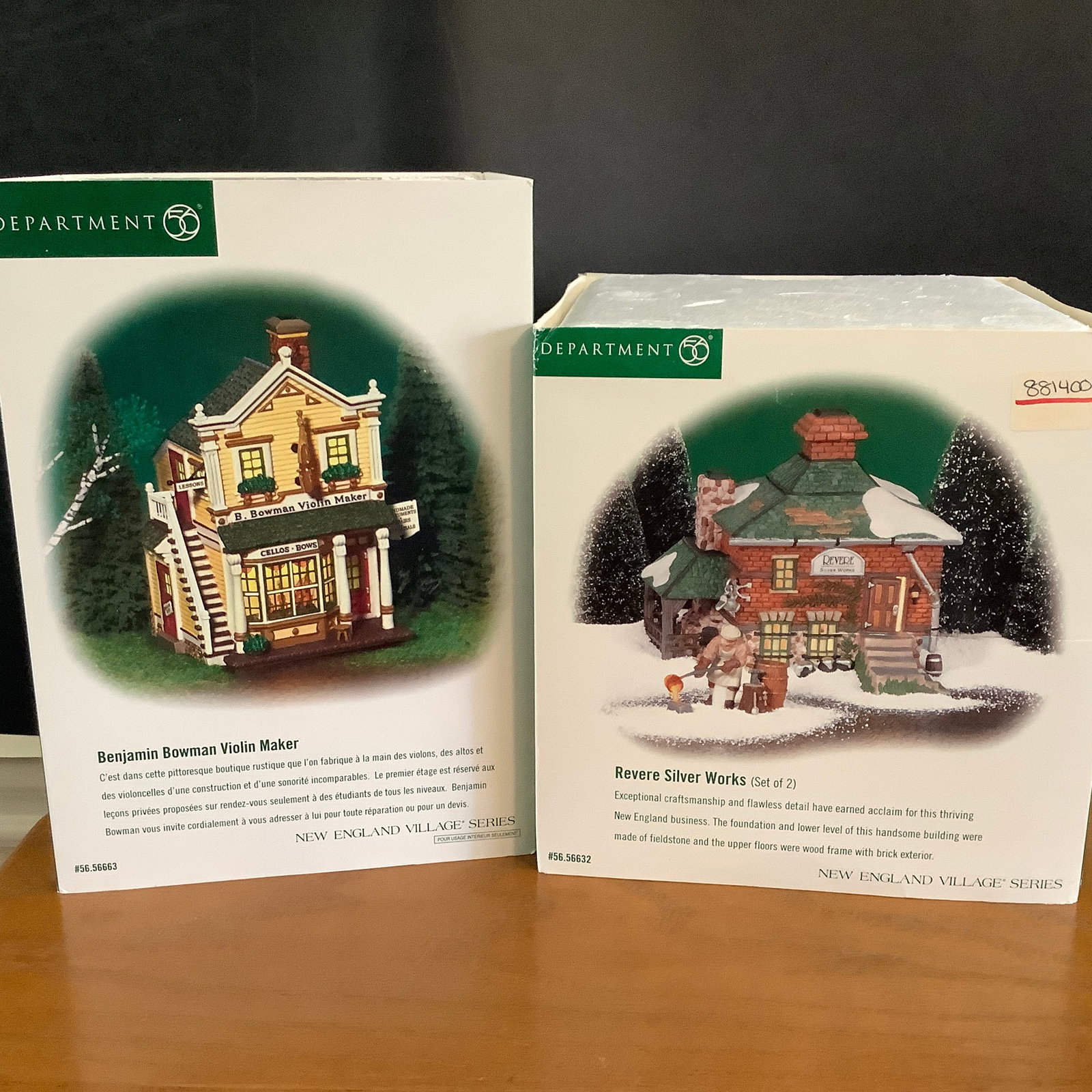 2 Department 56 Christmas Village Buildings with Box from the New England Villages Series: Benjamin Bowman Violin Maker & Revere Silver Works set of 2