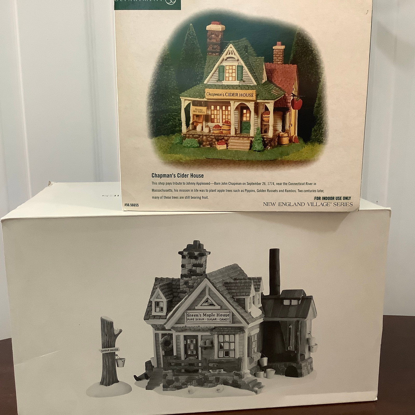 2 Department 56 Christmas Village Buildings with Boxes from the New England Villages Series: Steen's Maple House with a real smoking chimney(needs refill) & Chapman's Cider House