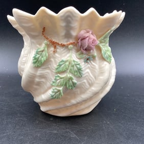 Vintage Irish Belleek Flower Pot with Encrusted. Flowers and Clovers