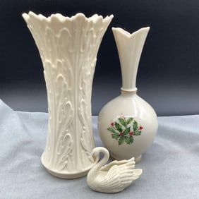 Lenox Woodland Acanthus Leaf Porcelain Vase, Lenox Holiday Bud Vase and Lenox Swan