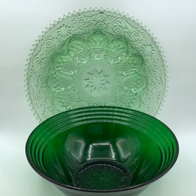 Green Depression Glass Egg Plate and Vintage Mid Century Green Glass Bowl