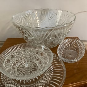 Glass punch bowl, large bowl, cake plate and bowl